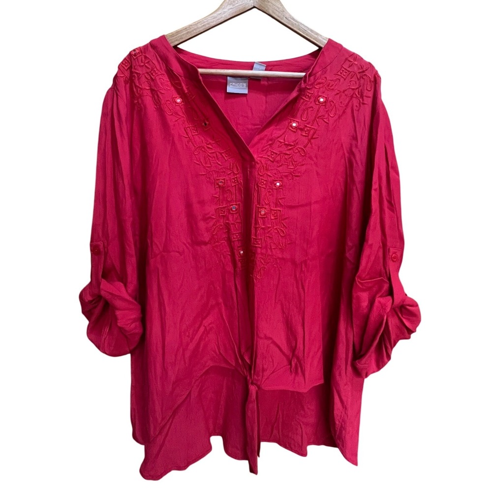 Chicos Red Embroidered Mirror Tie Front Roll Tab Sleeve Blouse Top Size 3 XL